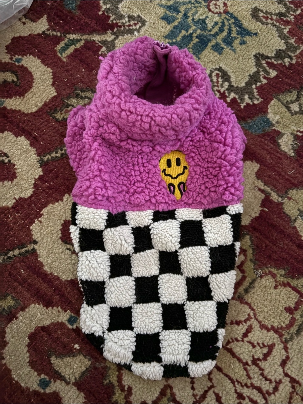 Purple Sherpa Checkerboard pet Sweater with Smiley Patch size small